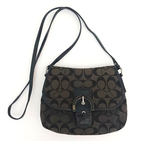 Coach Buckle Flap Front Blk Logo Jacquard Crossbody Patent Strap/Trim 9X6.5 - Picture 1 of 11